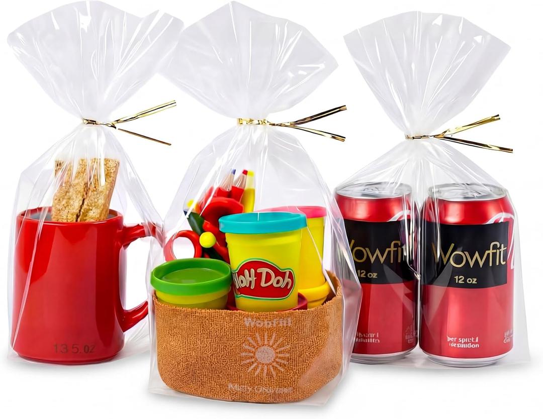Wowfit 50 CT 8x12 Inch Clear Flat Cellophane Treat Bags with 6” Gold Twist Ties, Cello Packaging for Mugs, Dessert, Muffins, Party Favors and Gift Wrapping