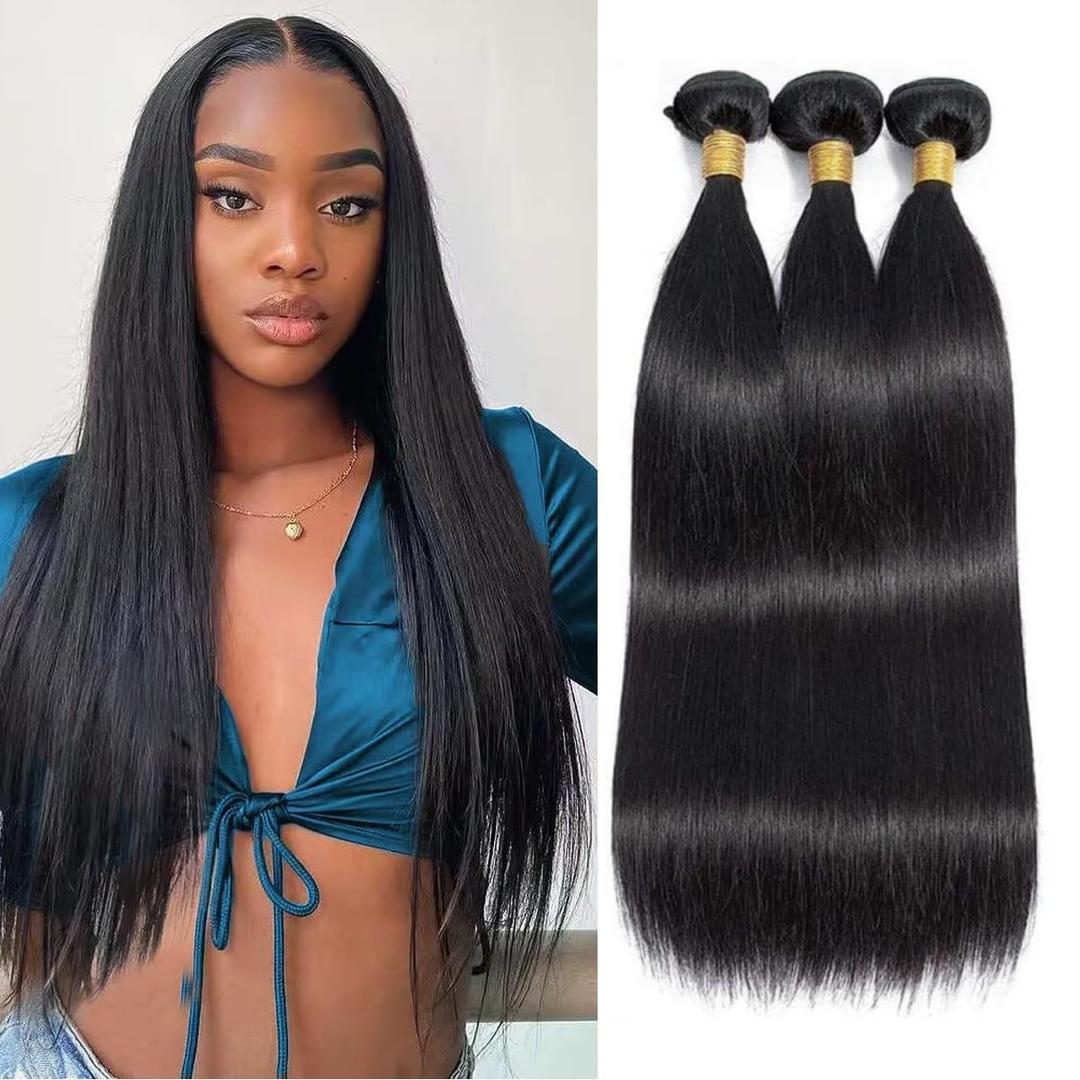 Straight Bundles Human Hair 16 16 16 Inch Brazilian Straight Hair Bundles 100% Unprocessed Virgin Hair Weave Bundle Human Hair Extensions for Women Trippy Hair Bundle Natural Color