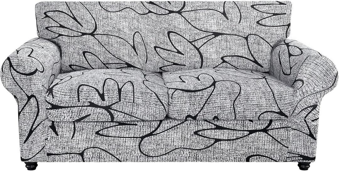 SearchI Stretch Sofa Cover Printed Couch Cover, Floral Pattern 3 Pieces Loveseat Slipcover with 2 Separate Cushion Cover, Washable Furniture Protector for Living Room(Loveseat, Grey Lotus+White) (Medium)