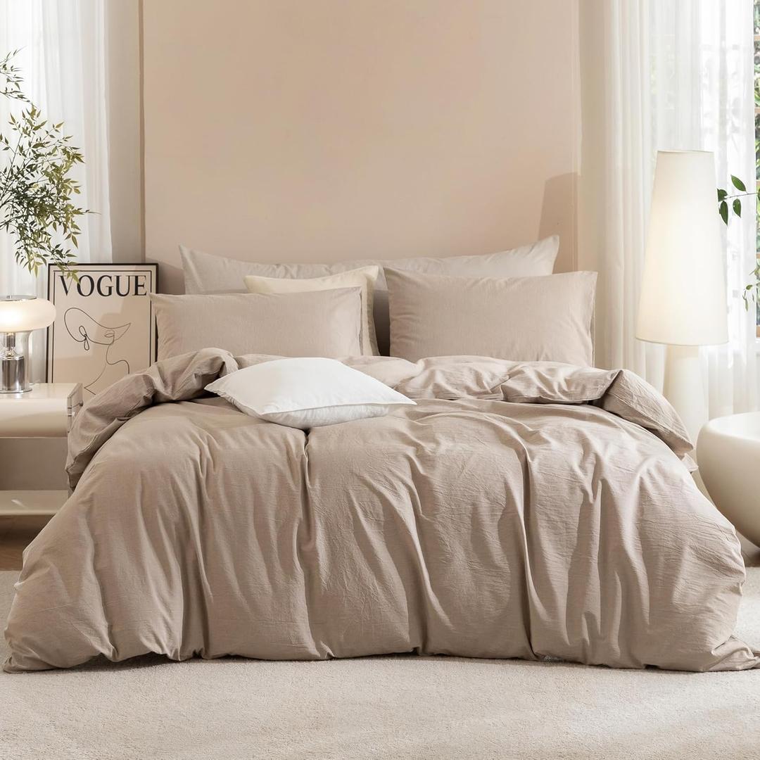 JIYUAN King Size Duvet Cover Set, 3-Piece - 100% Washed Cotton, Linen-Like Soft & Breathable with Zipper Closure, Includes 104x90 Inch Cover & 2 Pillowcases, Heathered Warm Taupe