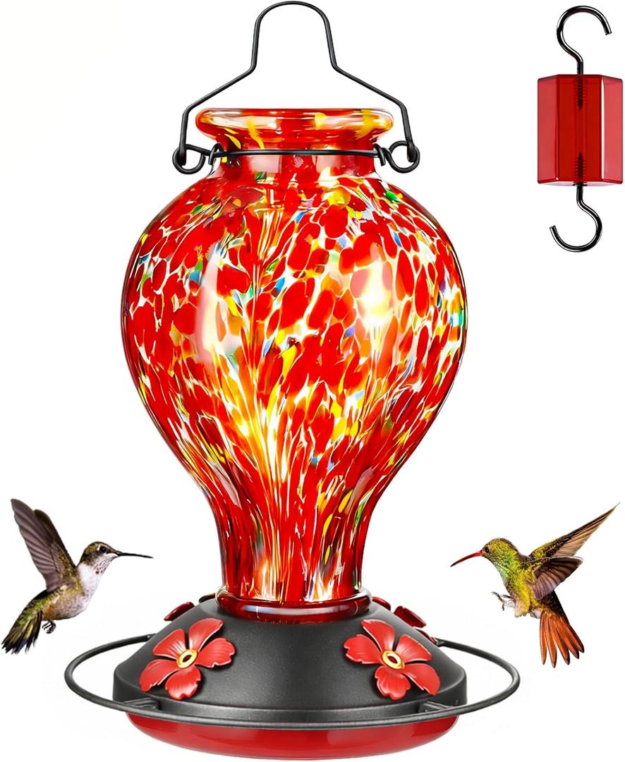 Hand Blown Glass Hummingbird Feeders for Outdoors Hanging, 24oz Wild Bird Nectar Feeder with Ant Moat and Perch, Bee-Resistant Ports, Garden Decor, Gifts for Women Mom, 1 Pack, Red Polka Dots