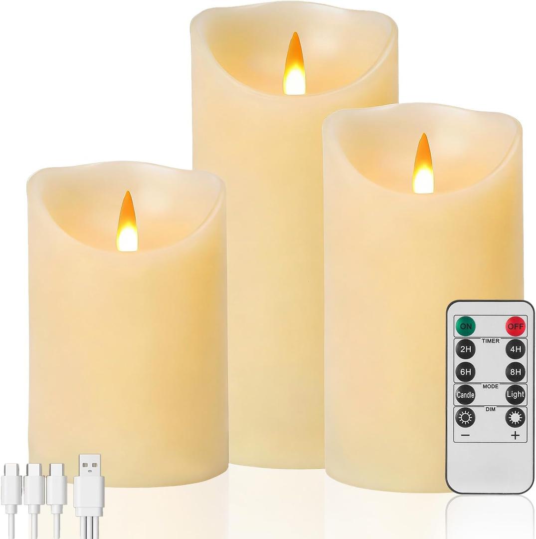 Rechargeable Flameless Candle, Realistic 3D Flickering Warm Flame, LED Candle with Remote Control & Timer for Holiday, Wedding, Patio and Home Decoration (Set of 3)