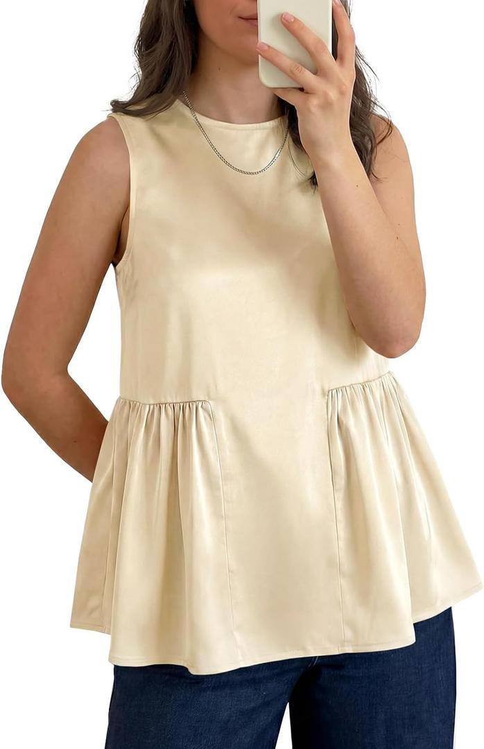 Tankaneo Womens Silk Satin Tank Tops Summer Dressy Casual Babydoll Sleeveless Shirts Peplum Pleated Loose Fit Blouses