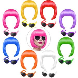 KUUQA 16 Pieces Party Wigs and Sunglass Set, Short Bob Wig Sunglass Pack Costume Colorful Cosplay Wig Party Hairpieces for Bachelorette Party, Halloween and Decorations