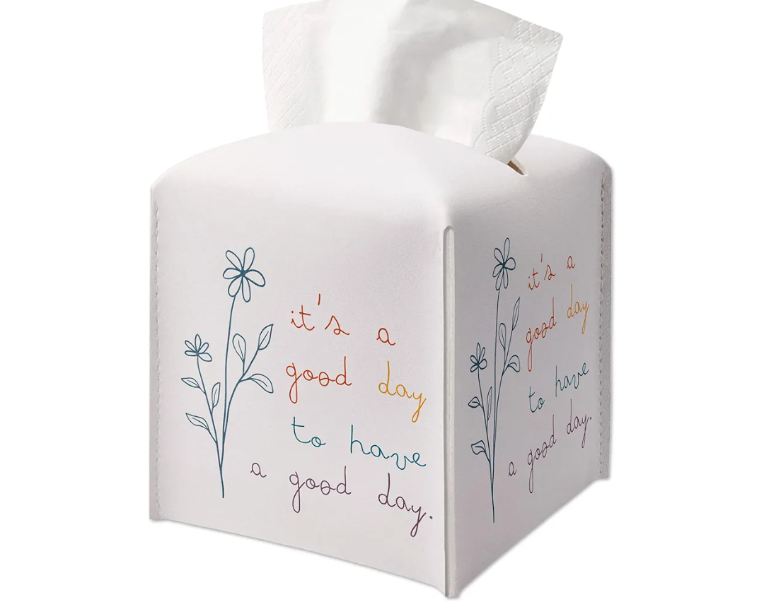 Leather Decorative Tissue Box Cover Square, Tissue Box Cover Holder with Belt Bottom, Inspirational Quote Gift Ideas for Friends, It's a good day to have a good day Decor for Bathroom Office-(5.2 Inches) A10