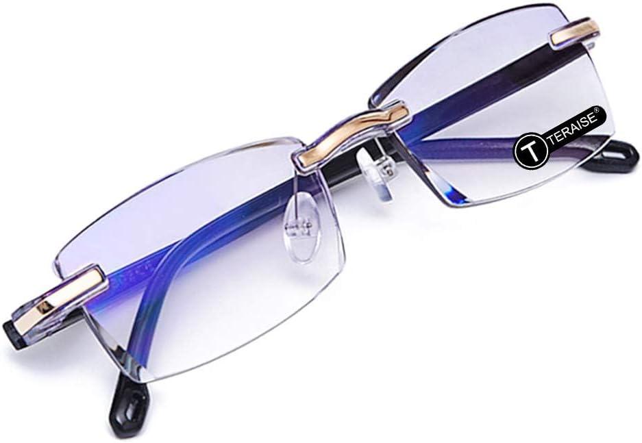 TERAISE Rimless Reading Glasses Fashion Diamond Cutting Design Anti-Fatigue Clear Lens Spectacle Readers for (Blue)