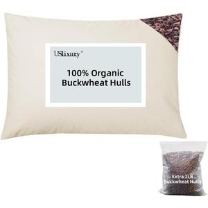 USlixury Buckwheat Pillow 15"X19" with Extra Buckwheat Husks - Adjustable Height and Firmness, Organic and Machine Washable Cover, Firm Neck Support for Back/Side/Stomach Sleepers, Beige