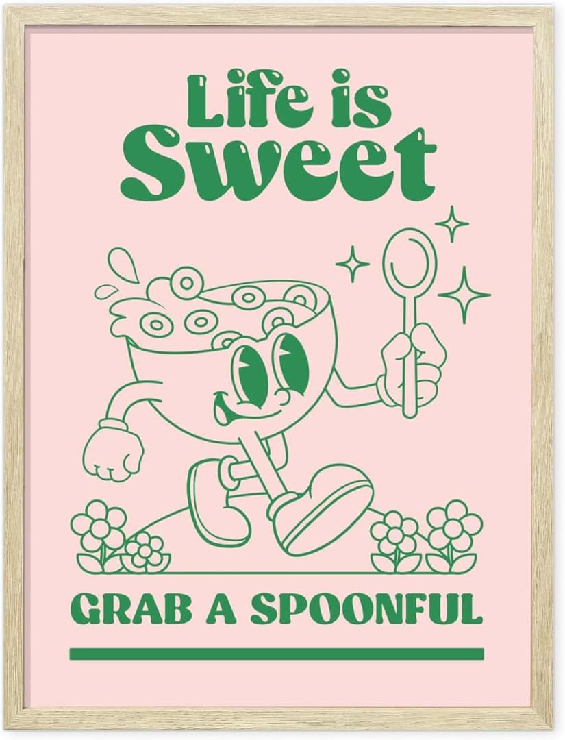 Palettes and Prints Framed Retro Wall Art, Pink and Green Cute Posters, Room Aesthetic, 70 Room Decor, 12x16 Framed
