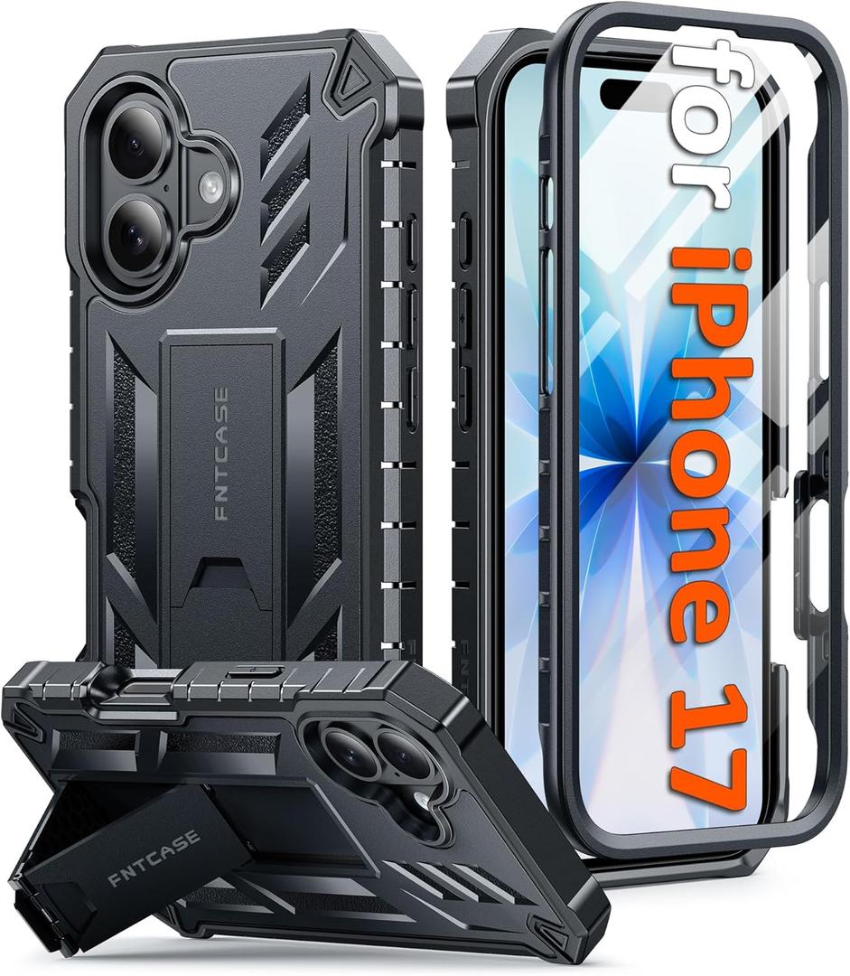 FNTCASE for iPhone 17 Phone Case: Military Grade Drop Proof Protection Mobile Cover with Kickstand | Matte Textured Rugged Shockproof TPU | Protective Sturdy Phone Case - 6.3 inch Black