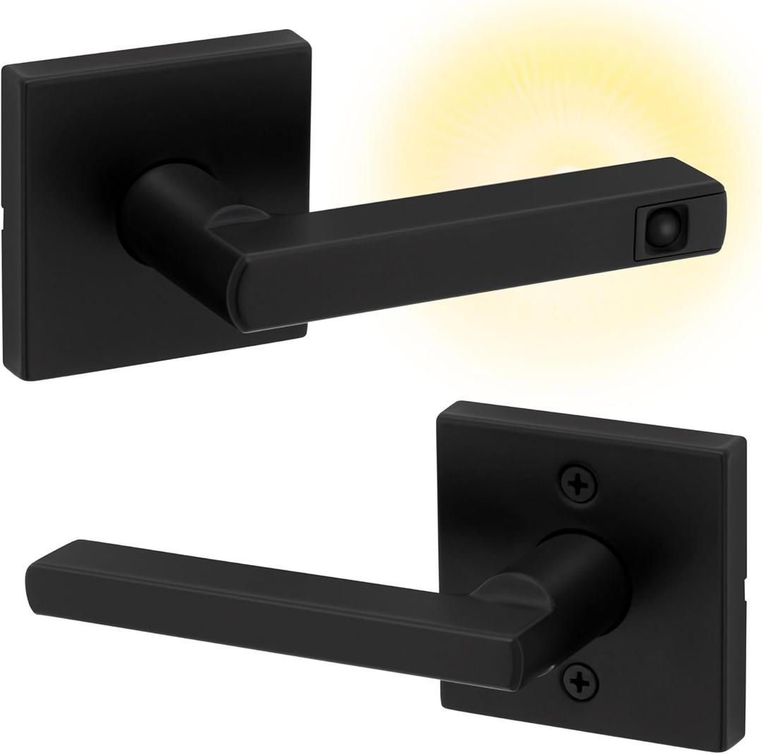 Kwikset Halifax LED Motion Activated Light Up Passage Door Lever for Closet and Hallway Doors, Reversible Non-Locking Handle Lever, Matte Black, with Microban Protection (1 Pack)