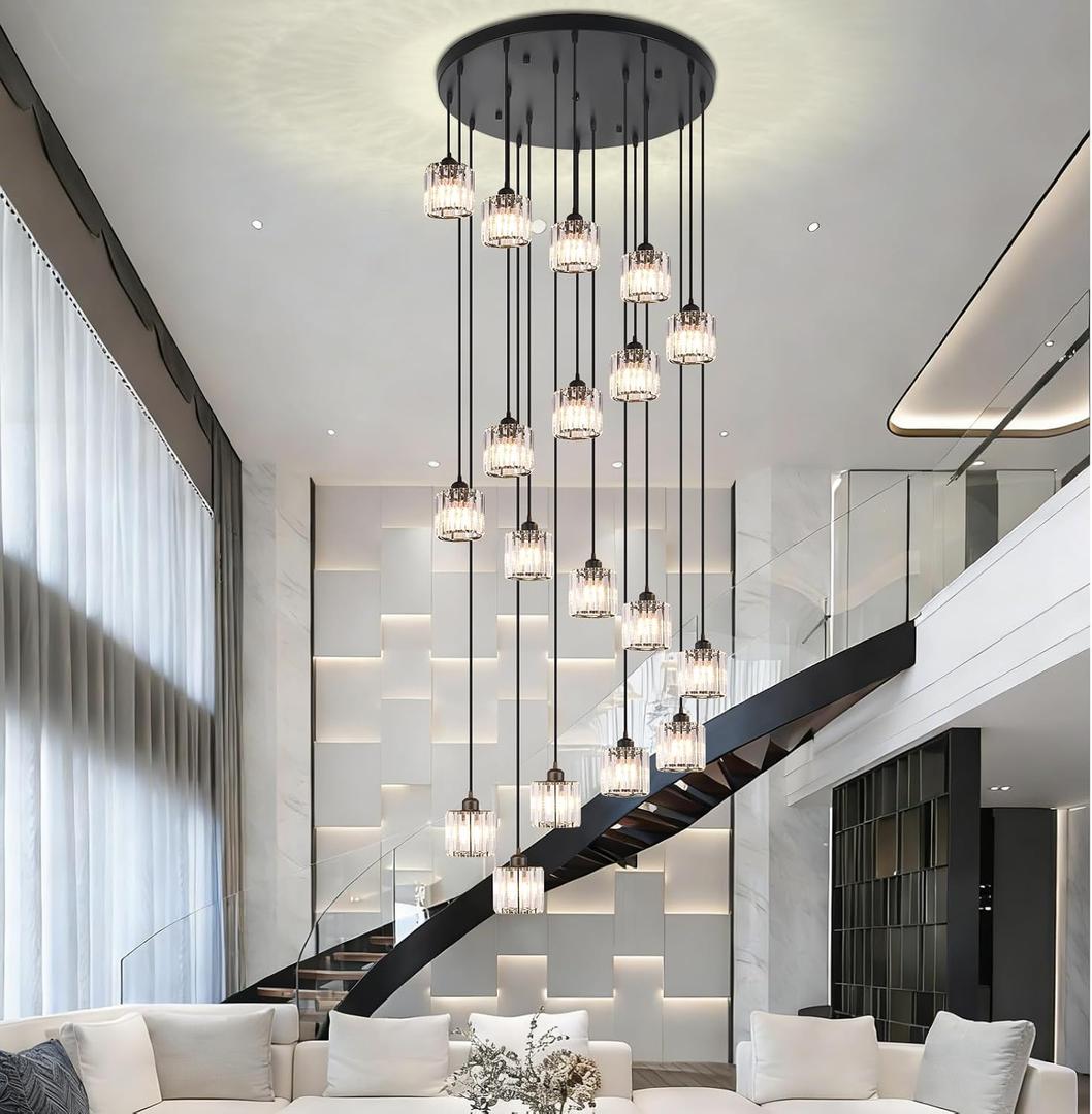 18-Light Crystal Raindrop Chandelier, Black, for High Ceilings, Large