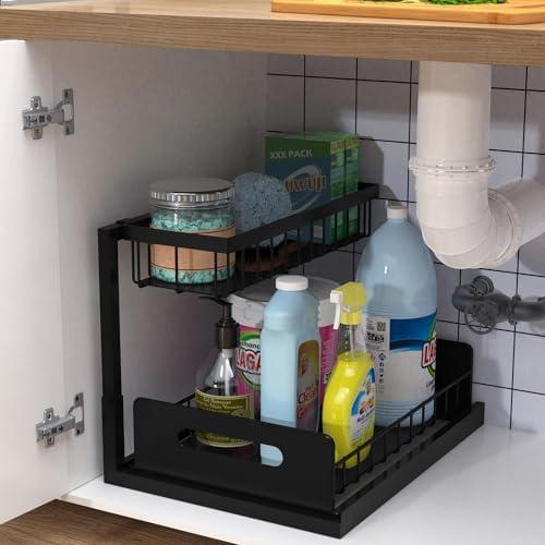 bukfen Under Sink Organizer, Pull Out Cabinet Organizer 2-Tier Slide Out Sliding Shelf Under Cabinet Storage Multi-Use for Under Kitchen Bathroom Sink Organizers and Storage, Black