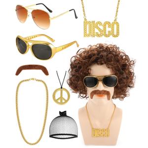 70s 80s Disco Costume Wigs Set for Men Mustache Glasses Peace Sign Pendant Chain Hippies Cosplay Halloween Party Accessories (curly hair)