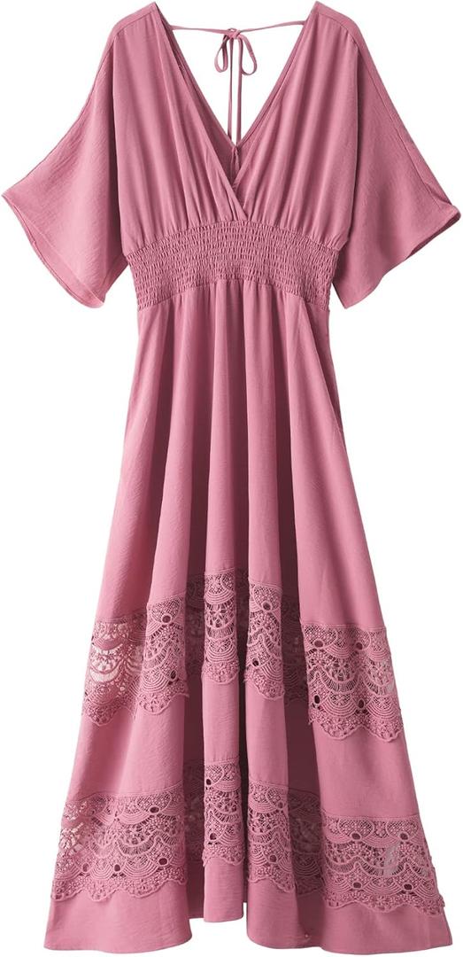 Women's Lace Maxi Dress Short Sleeve V Neck Party Dress Smocked Waist Boho Maxi Dress Bohemian Dress for Women (Large, Pink)