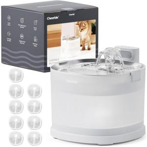 Cheerble Pumpless Pet Fountain Elfin E1+ with 9 Extra Filters, Wireless Pet Fountain Battery Operated, 2L/67oz E1+ Automatic Water Dispenser Cats & Dogs MagDrive Technology No Cleaning Hassle (White)