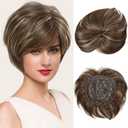 MIMAN Short Pixie Hair Toppers for Women Brown Mixed Blonde Fluffy Covering Hairpieces with Bangs Synthetic Pixie Topper for Thinning Hair Natural Looking Clip In Hairpieces