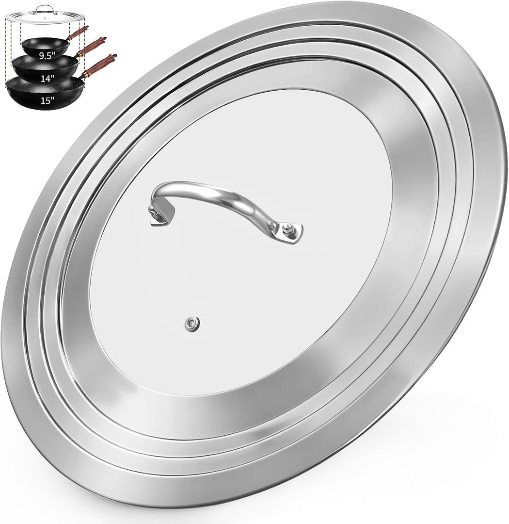 15 Inch Extra Large Universal Lid for Pots, Pans and Skillets, Pan Lid Fits 9.5/10/11/12/13/14/15 Inch Cookware, Stainless Steel & Tempered Glass Replacement Frying Pan Lid, Dishwasher Safe