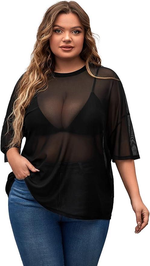 Women's Plus Size Clothes Concert Outfits Summer Sequin Tops See Through Mesh Short Sleeve Shirts, Large 