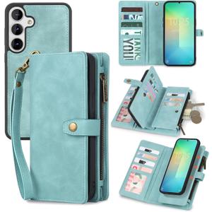 TwoHead for Samsung Galaxy S25 Plus Wallet Case with Card Holder, Detachable Magnetic Phone Case for S25 Plus, PU Leather All-Round Protective Phone Case Wallet with Wrist Strap, Blue