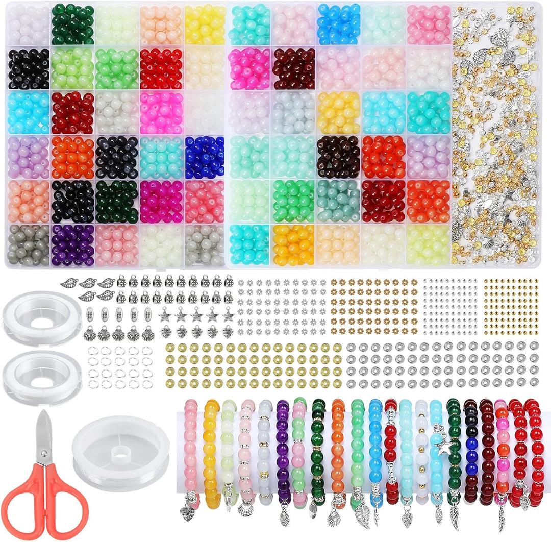 BeadRiver 2005PCS 60 Colors Glass Beads for Jewelry Making 8mm Glass Beads for Bracelets Making Kit for DIY Crafts Gifts Suitable for Women Adults Birthday Party