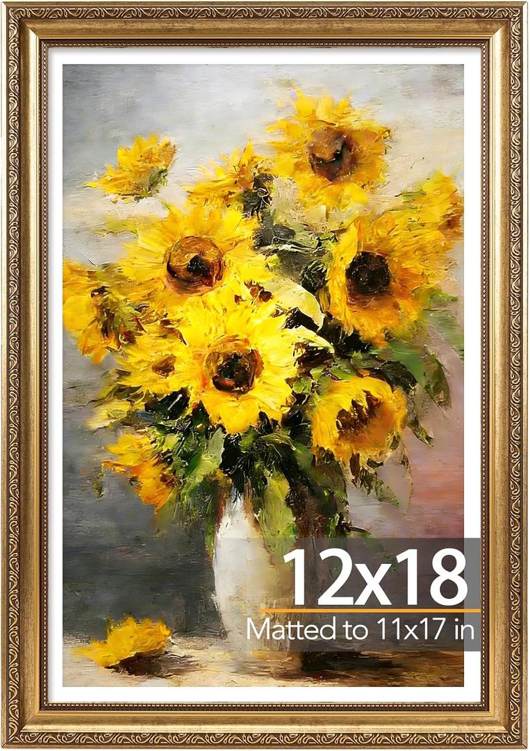 JCJMY 12x18 Vintage Picture Frame with 11x17 Mat, Elegant Retro 12 by 18 Photo Frame with Shatter-Resistant Plexiglass for Wall, Gallery Decor & Gift, Gold, 1 Pack