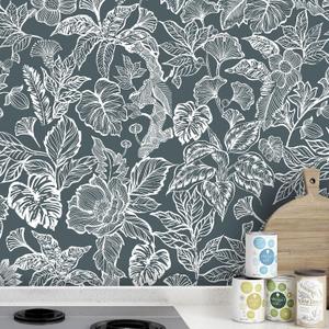 Tropical Peel and Stick Wallpaper Boho Contact Paper Cabinet Dark Blue Navy White Removable Self Adhesive Contact Paper Modern Floral Leaf Bedroom Bathroom Wallpaper Waterproof 17.3inW 78.7inL
