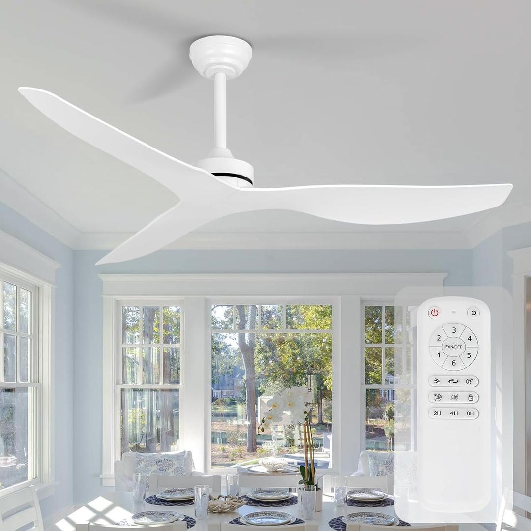 Ceiling Fans without Light,52 Inch Ceiling Fan with Remote Control,3 Reversible Blade,White Ceiling Fan for Bedroom, Living Room,Hallway