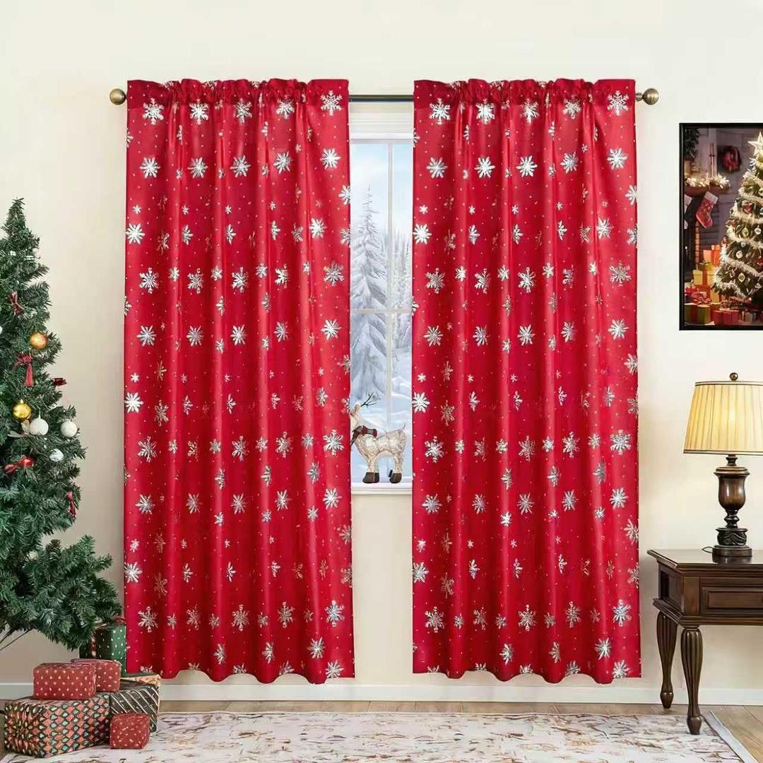 Christmas Curtains for Living Room, Luxury Snowflake Silver Foil Print Curtains, Rod Pocket Window Drapes Decorations for Bedroom and Home Decor, 2 Panels Red 52W x 84L