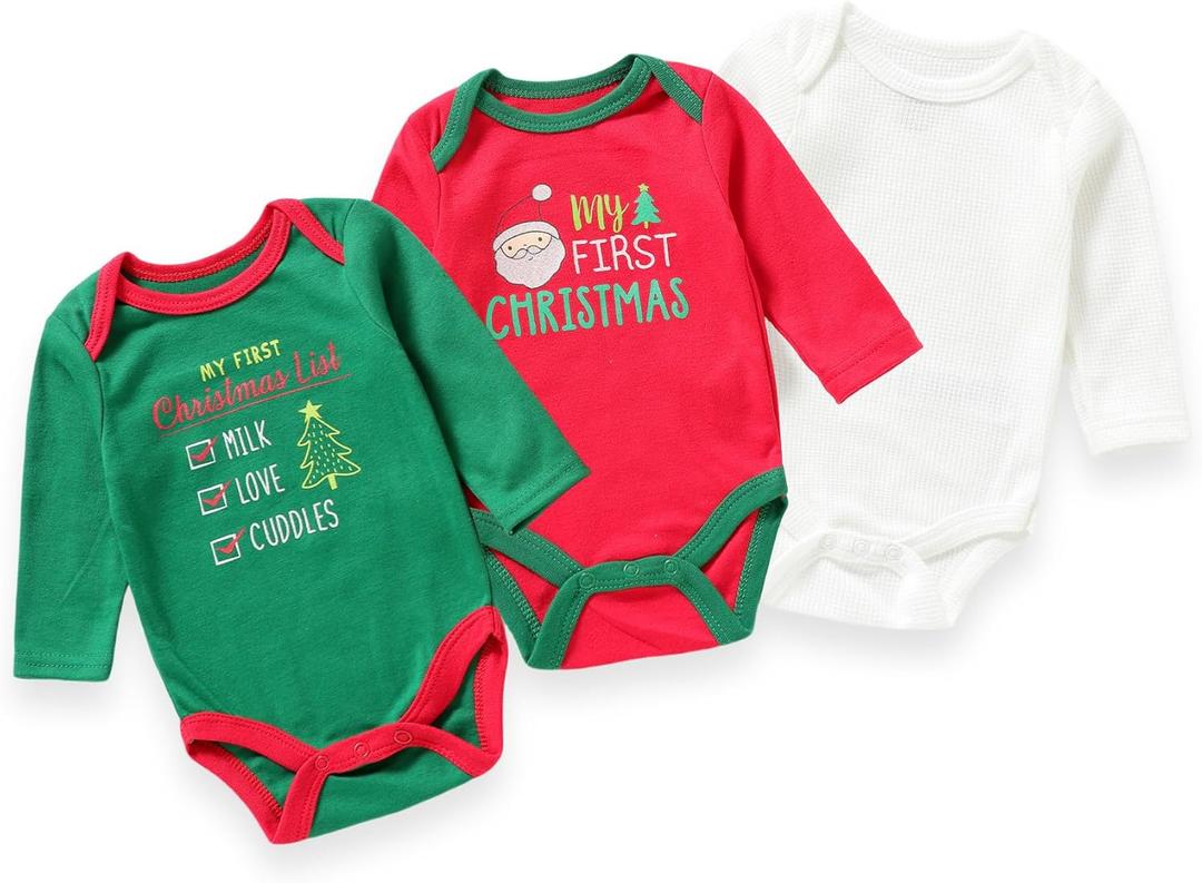 Unisex Baby Bodysuits Multipacks  Super Soft Cotton One-Piece Undershirt for Newborns and Infants (0-24 Months) (6-9 Months, Santa Claus + Christmas Tree)