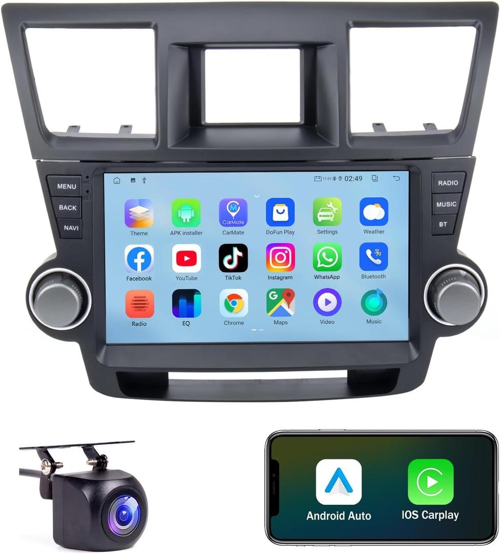 10-inch Android 13 Car Radio Stereo Compatible with 2008-2013 Toyota Highlander, 1280x720p IPS Touch Screen Wireless CarPlay & Android Auto, 4-Core 4GB RAM 64GB ROM, GPS, Night Vision Camera