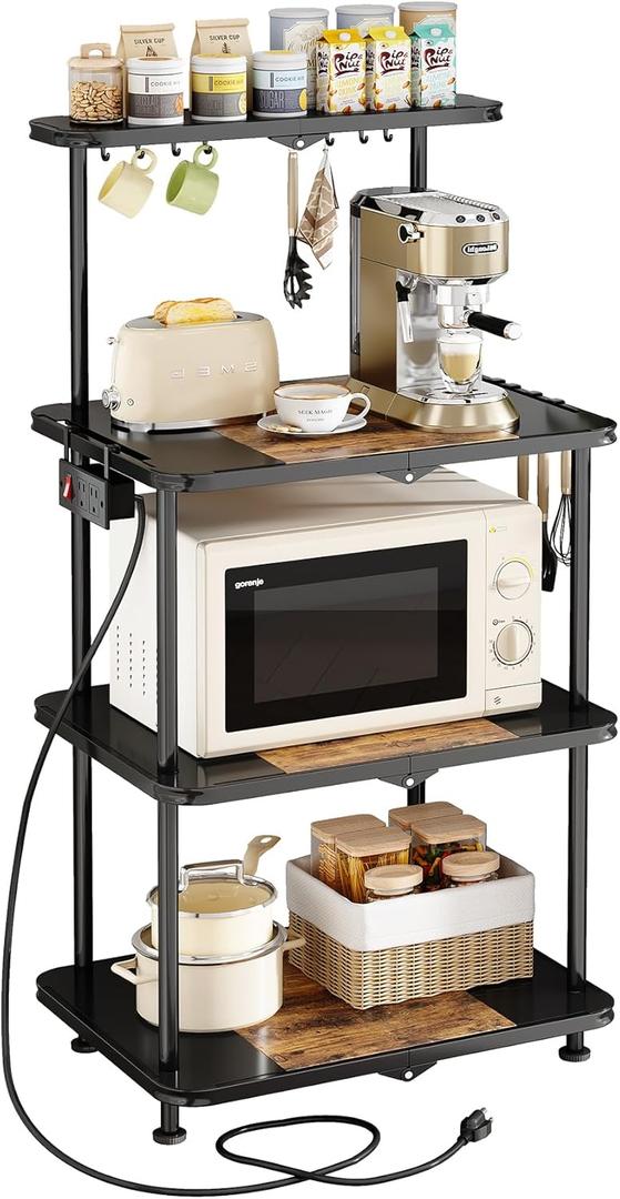 SNTD Kitchen Bakers Rack with Power Outlet - Easy & Tool-Free Assembly, Adjustable Coffee Bar Station 4 Tiers, Microwave Stand with 12 Hooks, Brown