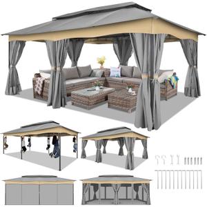 HOTEEL Gazebo 12x20, Outdoor Gazebo on Clearance with Double Ventilated Arc Roof, Privacy Curtains & Mosquito Netting, Easy Set up Canopy Tent with Stable Metal Frame for Patio, Gray (Windproof)