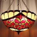 Bieye L12003 Tiffany-Style Stained Glass Baroque Ceiling Pendant Light, 3-Light Hanging Ceiling Fixture with Adjustable Chains (Red, 20 inches Wide)