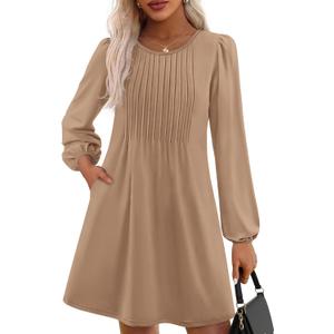 PRETTYGARDEN Fall Dresses for Women 2026 Long Sleeve Mini Short Flowy A Line Casual Holiday Party Tunic Dress Fashion Clothes (Beige, XL)