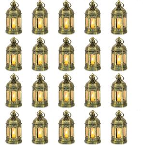 Romadedi Mini Lanterns Decorative for Wedding Centerpiece - 20 Pcs Hanging Small Gold Lantern Bulk with Flickering LED Candles for Halloween Decorations, Christmas Table Decor, Batteries Included