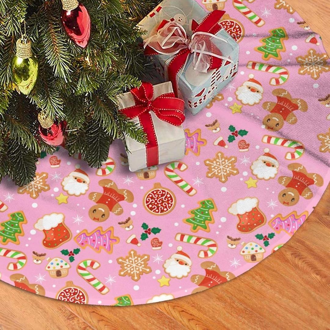 Cute Pink Christmas Cookies Tree Skirt 30 Inches Gingerbread Man Sugar Candy Cane Santa Claus Tree Skirts Xmas Mat Farmhouse Holiday Party New Year Supplies Ornaments Decorations