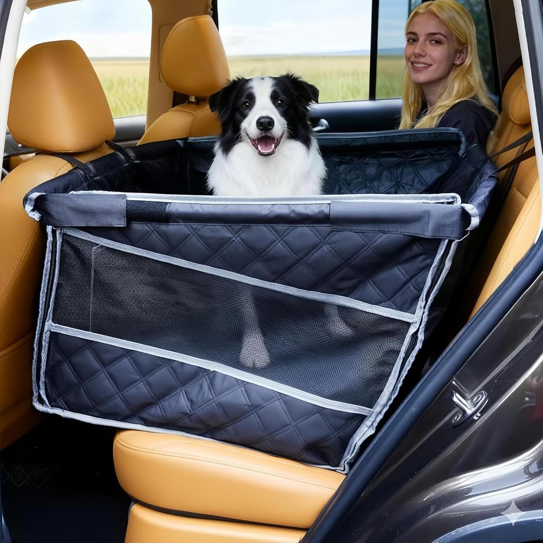 Tranquitas Dog Car Seat for Large Dogs, Back Seat Extender with Mesh Windows, Strong Support Dog Car Seat Cover for Cars, Trucks and SUVs (Black and Silver)