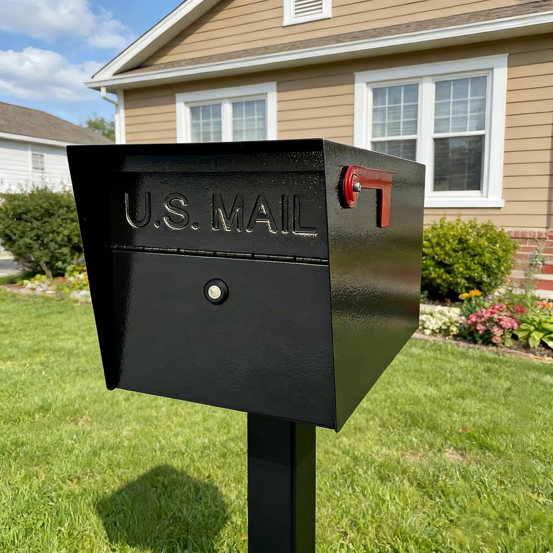Mailbox,with Mounting Post, Mailboxes for Outside,Locking Mailbox,Large,Black,Metal Mail Box,Heavy Duty