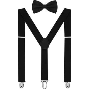 habibee Suspenders and Bow Tie Set for Men, Adjustable Elastic Braces with Y-Back, Diverse Colors, Strong Clips (Black)