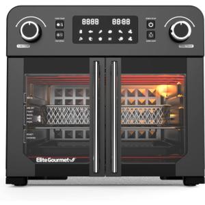 Elite Gourmet EAF9010B All Steel Exterior, 24.5Qt. French Door Air Fryer Convection Countertop Oven, 12" Pizza Extra Large Capacity, Temperature + Timer Controls, Bake, Toast, Broil, Air Fry, Black
