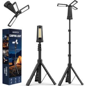 AKOFUN 15000 mAh Rechargeable Camping Light with Stand, Cordless Work Light with 3 LED Lamp Heads, 5500 Lumens Dimmable Camping Essentials Gear Emergency Flashlight with 86" Detachable Tripod, Black