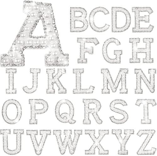 Waydress 26 Piece Rhinestone Iron on Patch A to Z Letter Appliques Adhesive White Pink Colorful Pearl Bling Patch Glitter Alphabet Embellishments for DIY Craft Supplies(Solid White)