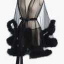 Robes For Women Tulle Robe with Faux Fur Trim, Sexy,Soft and Comfortable,Perfect for Spa Nights and Maternity Photoshoot Large