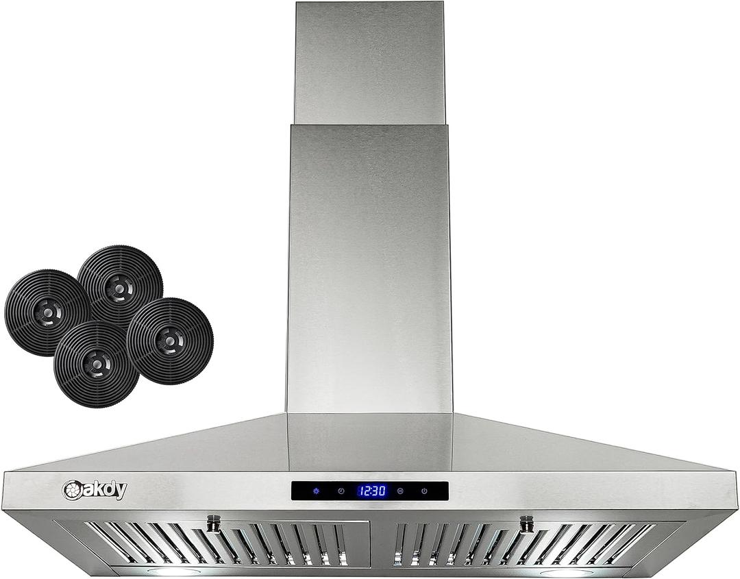 AKDY 30 in. Wall Mount Range Hood, 3-Speed Fan and LED Lights in Stainless Steel, Convertible Range Hood Ducted to Ductless with 2-Sets of Carbon Filters