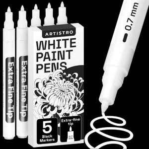 ARTISTRO 5 White Paint Pen for Rock Painting, Stone, Ceramic, Glass, Wood, Tire, Fabric, Metal, Canvas. Set of 5 Acrylic Paint White Marker Water-based Extra-fine Tip