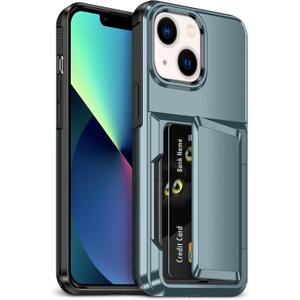 for iPhone 13 Case with Card Holder [Max 5 Cards] Heavy Duty Protective Shockproof Case Dual Layer Hidden Sliding Card Slot Wallet Case for iPhone 13 Phone Case Women&Men 6.1'' (Blue)
