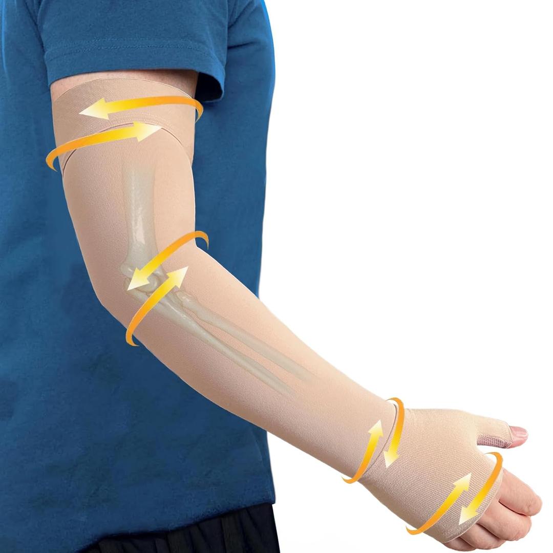Medical Compression Arm Sleeve with Silicone Dot&Gauntlet for Women Men,20-30 mmHg Graduated Compression Full Arm Support for Edema,Post Surgery Recovery,Swelling,Pain Relief(Medium,Single)