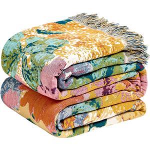 Boho Throw Blanket for Bed Cotton Spring Blankets for Bedroom Living Room All Season Lightweight Floral Embroidery Reversible Twin Quilt for Couch Sofa Chair 60"x80" Home Decor (Countryside)