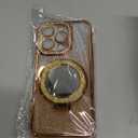 Mirror Kickstand Glitter Diamond Case for iPhone 15 14 13 12 Pro Max,Magnetic Stand Holder,Camera Lens Protector Compatible with Magsafe, Rhinesetone Bing Cover Case (Gold,for iPhone 16 Pro)