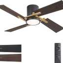 WINGBO 48" Flush Mount Ceiling Fan with Light - 4 Plywood Blades, 6-Speed Reversible DC Motor, Dimmable, 3CCT, Noiseless Low Profile Ceiling Fans for Bedroom Living Room, Gold and Black/Walnut